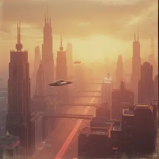 A cityscape rendered in nostalgic futurism — retro-futuristi