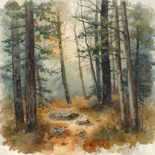 A forest rendered in photorealistic watercolor — the detail 