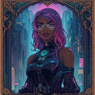 A woman in a futuristic city rendered in cyberpunk Art Nouve