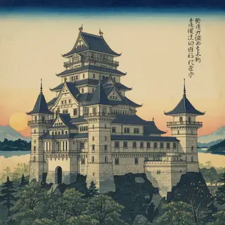 A medieval castle depicted in Japanese ukiyo-e woodblock pri