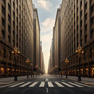 A city street scene in the style of Art Deco — geometric sha