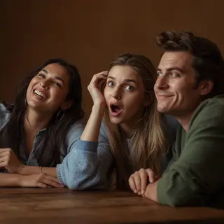 A group of three friends at a table: one laughing with head 