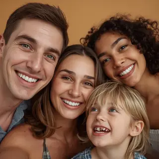 A family photo with four people: a father beaming with pride