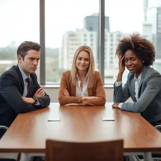 Three coworkers in a meeting: one looking frustrated with fu