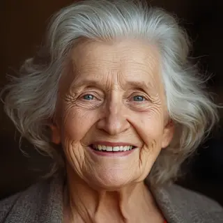 An elderly woman in her 80s with deep wrinkles and white hai