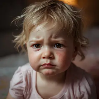 A 5-year-old child with round cheeks and large eyes, crying 