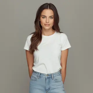 A woman standing upright in a relaxed pose, arms at her side