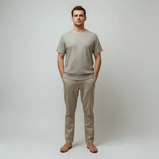 A man standing straight facing the camera, hands in pockets,