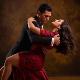 Two tango dancers in a close embrace, the man dipping the wo