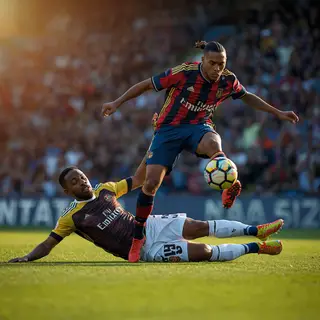 Two soccer players mid-tackle, one sliding and the other jum