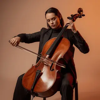 A cellist seated with correct posture, legs around the instr