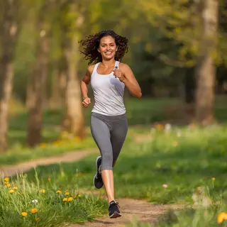 A woman mid-stride running through a park, hair and clothes 