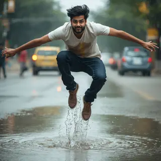 A man captured mid-jump over a puddle, body in the air with 