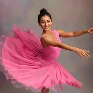 A dancer in a dynamic spin, dress flowing outward with one l