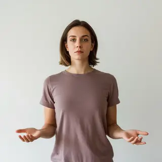 A person standing with both hands visible at their sides, fi