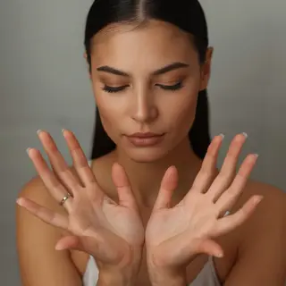 A woman holding her hands out in front of her palms-up, all 