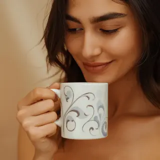 A person holding a white ceramic coffee mug by the handle wi