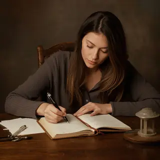 A woman writing in a notebook with a pen gripped correctly i