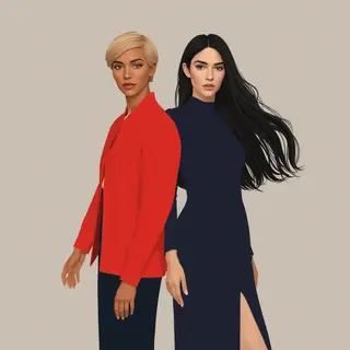Two women standing side by side: one with short blonde hair 