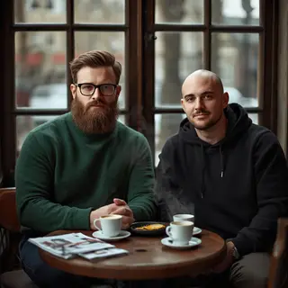 Two men at a cafe: one with a beard and glasses wearing a gr