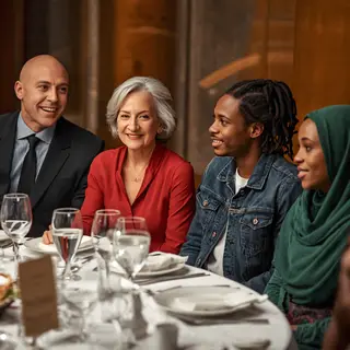 Four people at a dinner table: a bald man in a suit, a woman