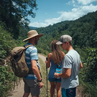 Three hikers on a trail: a man with a backpack and sunhat, a