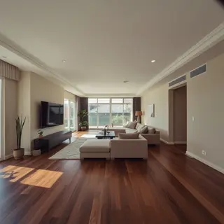 A wide-angle shot of a modern living room interior showing e