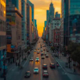 A tilt-shift photograph of a city street making real-life lo