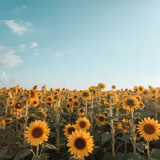 A field of pure sunflower yellow flowers under a clear blue 