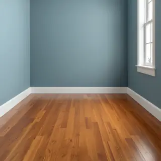 A room with walls in #4A90D9 (medium blue) with warm wooden 