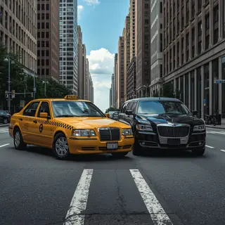 A yellow taxi and a black limousine parked next to each othe