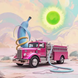 A pink fire truck, a blue banana, and a green sun in a surre