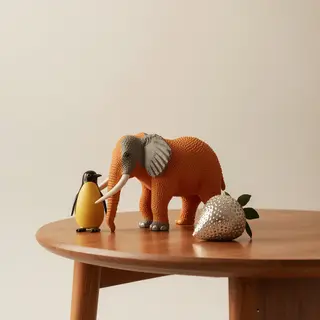 An orange elephant, a yellow penguin, and a silver strawberr