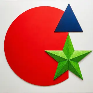 A large red circle, a small blue triangle, and a medium gree