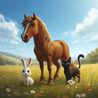 A big brown horse, a small white rabbit, and a medium-sized 