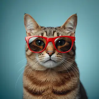 A tabby cat wearing oversized red sunglasses