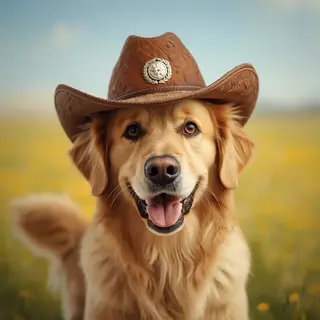 A golden retriever wearing a tiny cowboy hat