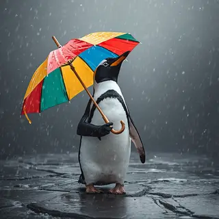 A penguin holding a colorful umbrella