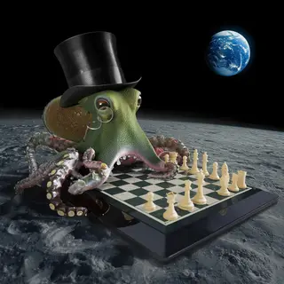 An octopus wearing a top hat and monocle playing chess on th