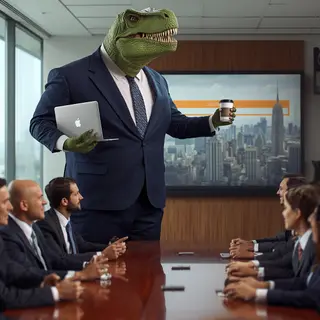 A dinosaur in a business suit giving a PowerPoint presentati