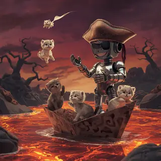 A robot dressed as a pirate sailing a paper boat on a lake o