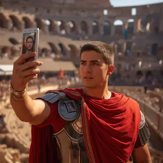 A Roman gladiator taking a selfie with a smartphone in the C