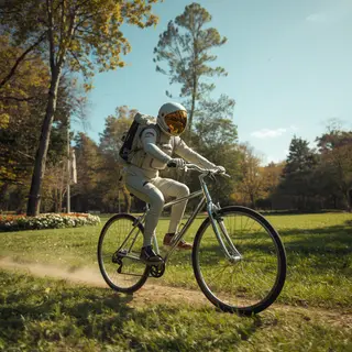 An astronaut in a spacesuit riding a bicycle through a park