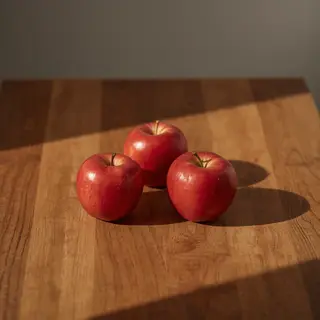 Exactly 3 red apples arranged on a wooden table