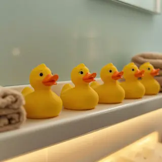 Exactly 5 yellow rubber ducks sitting in a row on a bathroom