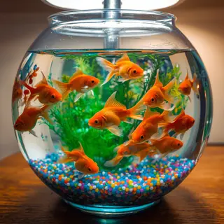 Exactly 9 goldfish swimming in a large round fishbowl