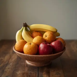 A fruit bowl containing exactly 3 bananas, 4 oranges, and 2 
