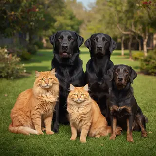 2 orange cats and 3 black dogs sitting together on a grassy 