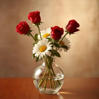 4 red roses and 2 white daisies in a glass vase on a table
