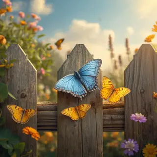 1 blue butterfly and 3 yellow butterflies resting on a garde